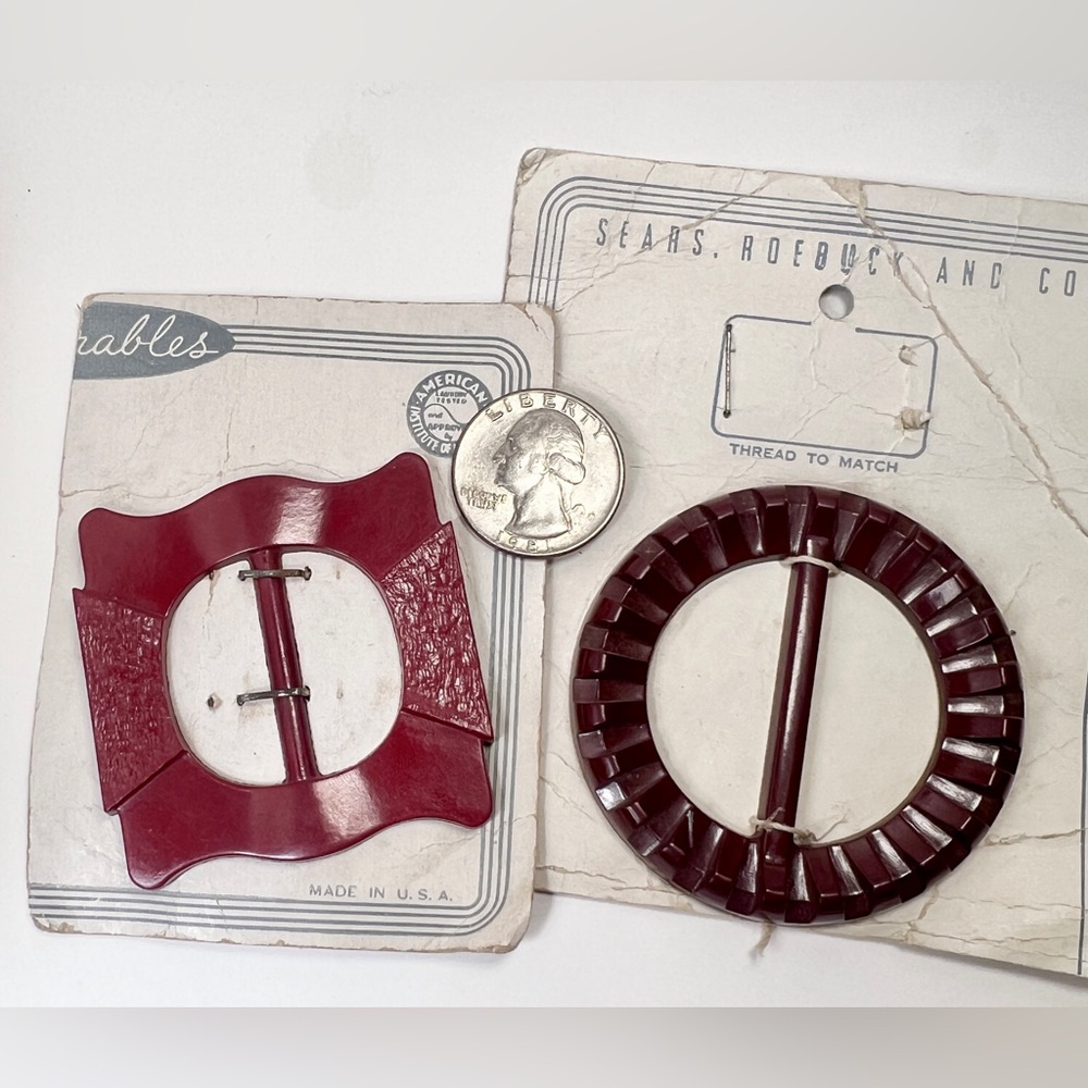 Bakelite Belt Buckles Two Vintage Red Art Deco New Old Stock Collectors Pair - Picture 2 of 11